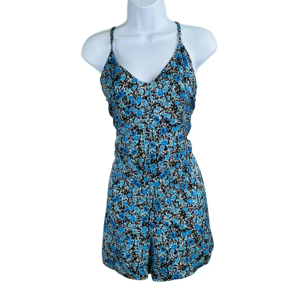 Topshop Floral Tie Back Romper Blue Black Boho Summer Beach Festival 6 NWT